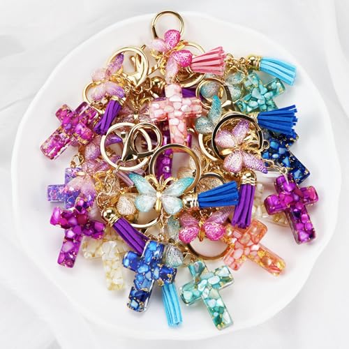 Cross Keychains Christian Keyring Tassels Butterfly Resin Jesus Key Chain Bag Charm Phone Car Key Accessories - size: 12 Packs
