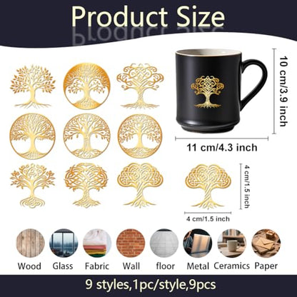 9Pcs Golden Self Adhesive Stickers 4cmx4cm Tree of Life Metal Decal Golden Tree Waterproof Decorate Sticker for Scrapbooks DIY Resin Crafts Phone Water Bottle Decoration - style: tree of life