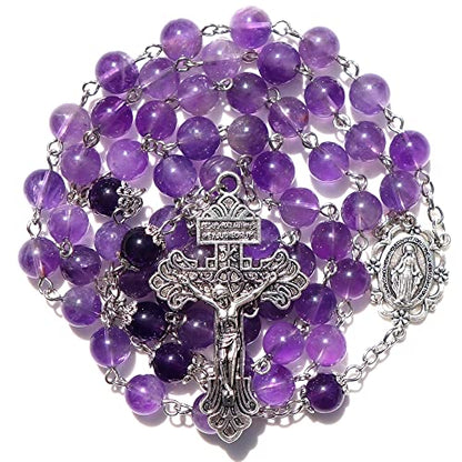 Rosary Beads Chaplet Purple Natural Amethyst Crystal Rosery Cross Catholic gifts - color: Purple