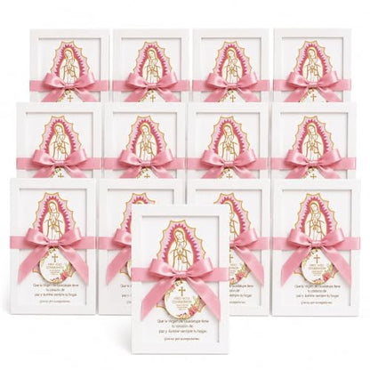 12 Pcs Virgen de Guadalupe First Communion Favors for Guests, Pink Our Lady of Guadalupe Wooden Picture Frames with Satin Bows, Catholic Recuerdos de Primera Comunión, 5.79 x 7.87 in
