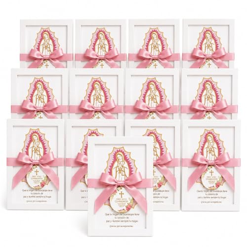 12 Pcs Virgen de Guadalupe First Communion Favors for Guests, Pink Our Lady of Guadalupe Wooden Picture Frames with Satin Bows, Catholic Recuerdos de Primera Comunión, 5.79 x 7.87 in
