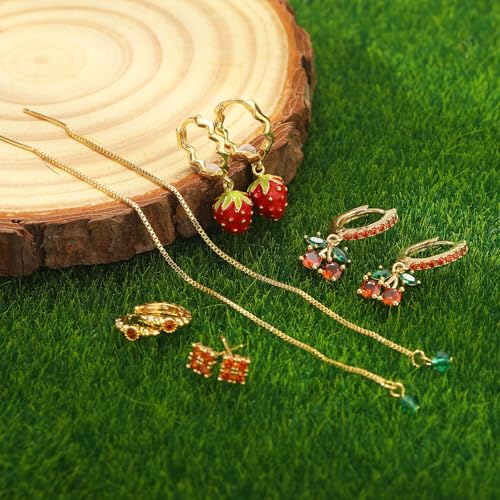 Gold Earrings Set for Women 14K Gold Plated Cubic Zirconia Love Heart Bowknot Clover Fruit Flower Insect Ocean Cross Huggie Hoop Earrings Stud Earrings Set for Multiple Piercing Party Jewelry Gifts - style: Strawberry and Cherry