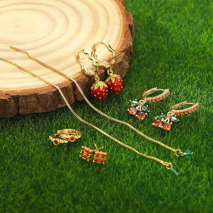 Gold Earrings Set for Women 14K Gold Plated Cubic Zirconia Love Heart Bowknot Clover Fruit Flower Insect Ocean Cross Huggie Hoop Earrings Stud Earrings Set for Multiple Piercing Party Jewelry Gifts - style: Strawberry and Cherry