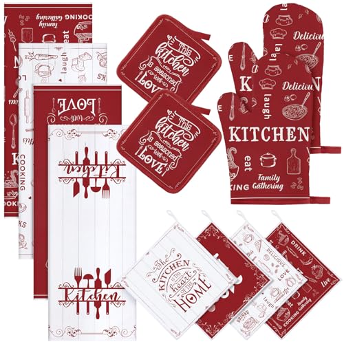 Bencailor 12 Pcs Farmhouse Kitchen Decor and Accessories Sets 4 Red Kitchen Towels 4 Absorbent Dishcloths 2 Pot Holders 2 Oven Mitts Gloves for Home Decor Mom Gifts - color: Red and White, style: Classic