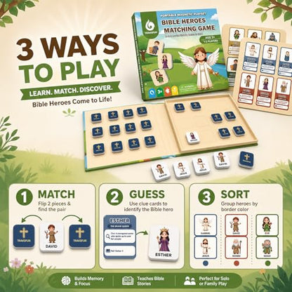 Travofun Magnetic Bible Matching Game, Memory & Clue Cards, Ages 4-8 - style: Bible Heroes (Memory + Character Clues)