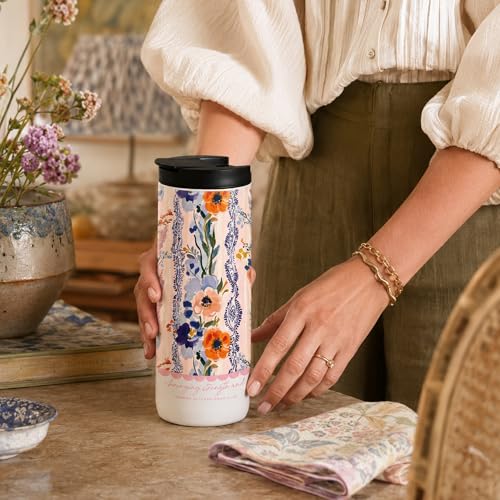 Stainless Steel Insulated Travel Mug – Double-Wall Vacuum Tumbler with Leak-Proof Lid & Silicone Base – Jeremiah 30:17 & Isaiah 41:10 "Bringing Strength" Faith Design – Orange Poppy & Navy Floral - style: Bringing Faith