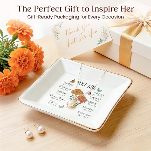 PUDDING CABIN Birthday Gifts for Women, Marigold Scripture Jewelry Dish, Christian Gifts - style: Marigold:Creativity, Passion, Warmth(October Birth Flower )