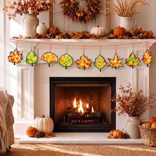 48PCS Fall Crafts Bulk: Leaves Paper Suncatchers DIY Kit for Autumn Thanksgiving Activities Decorations, Window Stained Glass Effect Art Supplies(Black,Style 2) - style: fall leaves black frame