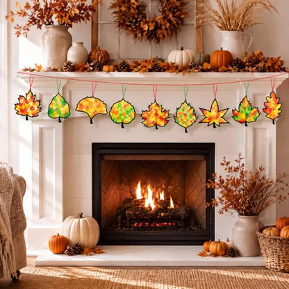 48PCS Fall Crafts Bulk: Leaves Paper Suncatchers DIY Kit for Autumn Thanksgiving Activities Decorations, Window Stained Glass Effect Art Supplies(Black,Style 2) - style: fall leaves black frame