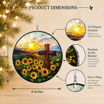 Christian Gifts for Women, Cross Suncatcher Sunflower for Christmas Tree - color: Natural Cross