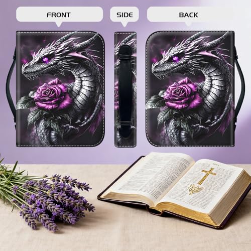 Bible Cover for Women Large PU Leather Zippered Bible Case with Handle and Black Dragon Rose Design, Christian Bible Cover for Girls & Women, Cover Fits Standard 9.5"x7.5"x2.3" Bible - color: Black Dragon Rose