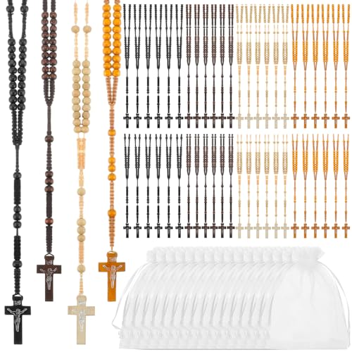 Tenceur 48 Pcs Wooden Rosary Bead Necklace Wood Catholic Carved Beads with Jesus Cross First Communion Rosary Bulk with Organza Bags Baptism Favors Catholic Gift for Men Women(Multicolor) - color: Multicolor