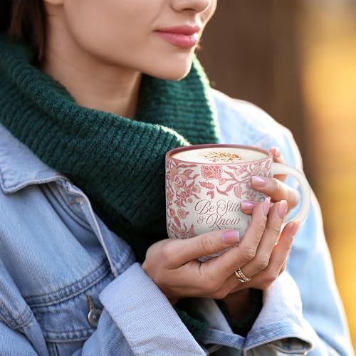 Christian Art Gifts Large Ceramic Microwave/Dishwasher Safe Coffee & Tea Mug for Women: Be Still & Know Inspirational Bible Verse, Non-toxic, Lead & Cadmium-free Cup, Dark Pink & White Floral, 12 oz.
