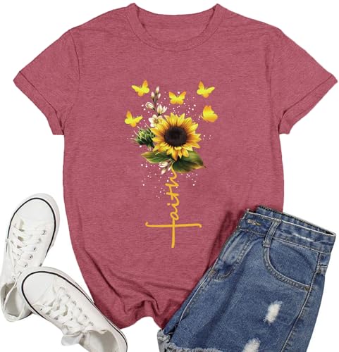 Womens Christian Shirts Faith Cross Sunflower Butterfly T-Shirt Bible Verse Religious Tee Tops - color: Pink, size: XX-Large