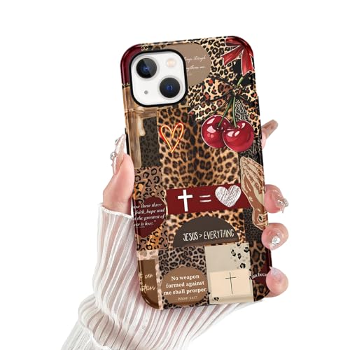 for iPhone 15 6.1'' Brown Cheetah Christian Phone Case - color: Red Cherry Leopard Collage, size: iPhone 15