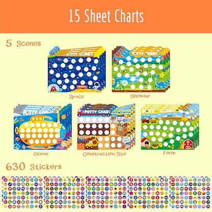 Potty Training Sticker Chart for Kids, 15 Incentive Potty Charts & 630 Stickers (Space, Farm, Dinosaur, Ocean, Construction Site) Potty Training Charts for Boys & Girls, Multiple Toddlers - style: Potty Training Incentive Charts