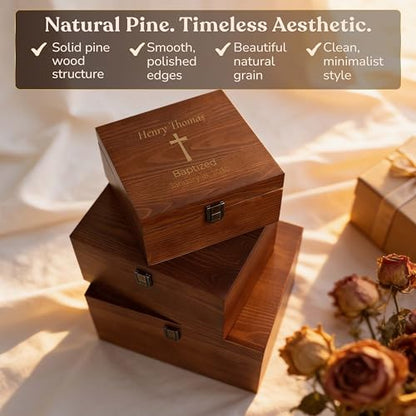Custom Wooden Keepsake Box, Baptism Cross Name And Date, Religious
