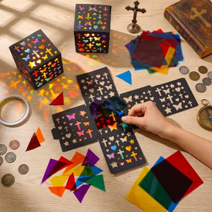 DoubleFill 24 Sets VBS Crafts Tissue Paper Lanterns Crafts Kits Religious Cross Tissue Paper Lanterns Bulk Suncatcher DIY Cross Ornaments for Church Sunday School VBS Art Classroom