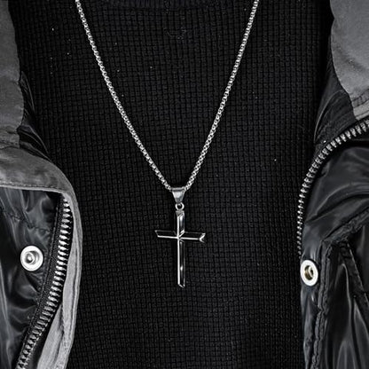 Cross Necklace for Men,Stainless Steel Christian Pendant Jewelry - color: A-black-60cm chain