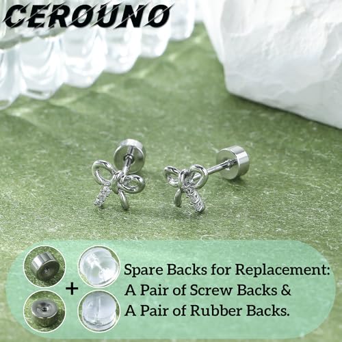 CEROUNO Flat Back Stud Earrings - 925 Sterling Silver Post Flatback Earrings Gold Silver Cubic Zirconia Earrings Studs for Women - color: Silver Bow