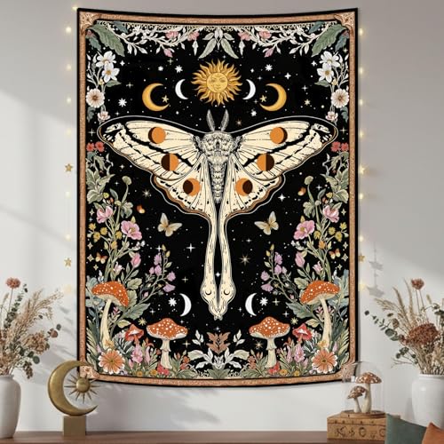Aipon Boho Moth Tapestry Vintage Floral Flowers Tapestries Aesthetic Retro Mushroom Tapestries for Bedroom Sun and Moon Indie Small Tapestry Wall Hanging for Living Room Dorm 48 x 36 Inch - color: Black Mushroom Moth, size: 48"L x 36"W