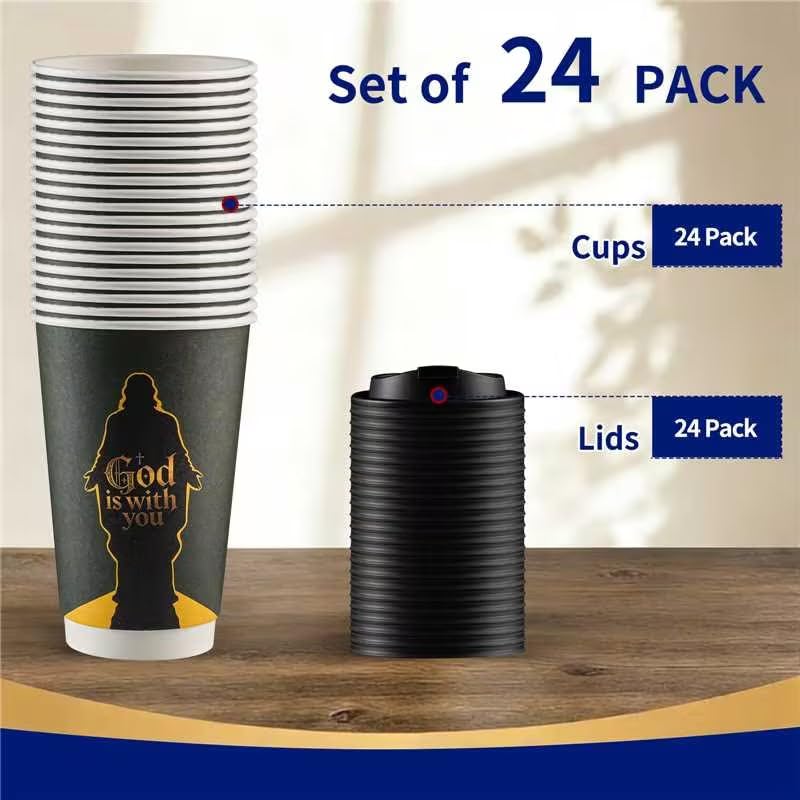 24 Pack 16oz Christian Coffee Cups with Lids Disposable Paper Cups Hot Cold Beverage Drinking Cup for Religious Party Favors Sunday School Church Baptism - color: pray