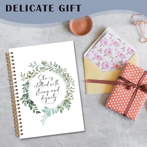 she is clothed with strength and dignity Christian Spiral Notebooks, Proverbs 31:25 Bible Journal, Scripture Journals for Writing, Religious Notebook for Note Taking, 5.5x8.3 Inch - color: white Bible Notebook-13
