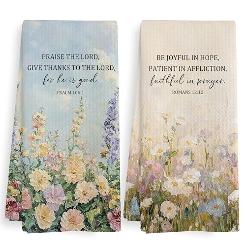 Christian Tea Towel Gifts, Wildflower Scripture Bible Verse Decor Dish Hand Towels for Bathroom Kitchen, Vintage Christian Floral Decorative Kitchen Towels and Dishcloths Sets of 2, 16x24Inch - color: Praise Hope