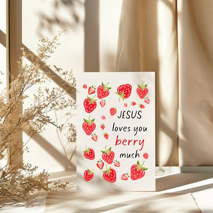 Jesus Loves You Berry Much Pun Card Sweet Christian Encouragement Cards Bible-Inspired Gift for Faith Prayer Friend Family Sunday School Student Bestie Coworker - color: Jesus Loves You Berry Much