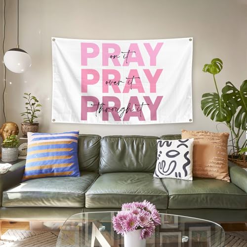 Pink Inspirational Decor Tapestry 3x5 Ft Pray on it Pray Over It Pray Through it Bible Verse Wall Art Christian Gifts for Women Dorm Room Wall Decoration