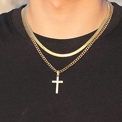 Zocomi Cross Necklace for Men Boys, Stainless Steel Layered Cuban Link Herringbone Chain Cross Pendant Christian Fashion Jewelry Gifts 16-24 Inches - color: Gold, size: 20inch/22inch, style: Herringbone+Cuban