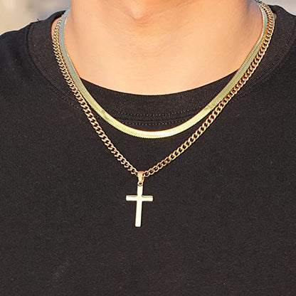 Zocomi Cross Necklace for Men Boys, Stainless Steel Layered Cuban Link Herringbone Chain Cross Pendant Christian Fashion Jewelry Gifts 16-24 Inches - color: Gold, size: 22inch/24inch, style: Herringbone+Cuban