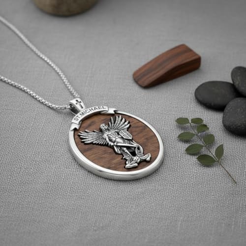 ONEFINITY Wooden Necklace Viking Wolf/St Benedict Medals/St Michael/Crucifix/St Christopher Pendant Necklace for Men Archangel Amulet Wooden Religious Jewelry Gifts for Men Women - style: St Michael-Round