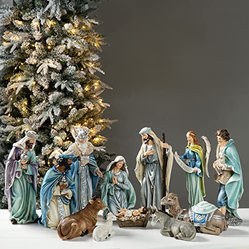 Glitzhome 12Pcs Deluxe Blue Resin Nativity Figurines Set Christmas Ornaments Xmas Tabletop Scenes Figures Set Collectibles Countertop Statue Miniatures Decorative Crafts Accessories 15.5" x 45.00" - size: 15.5 x 45.00 Inches