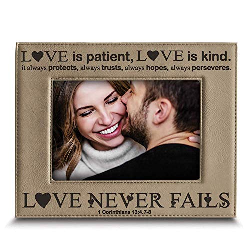 BELLA BUSTA -Love Never Fails-1 Corinthians (bible verse)-Couple Wedding Anniversary Keepsake for Her, Him-Valentines Day - Engraved Leather Picture Frame (4 x 6 Horizontal) - size: 4 x 6 Horizontal