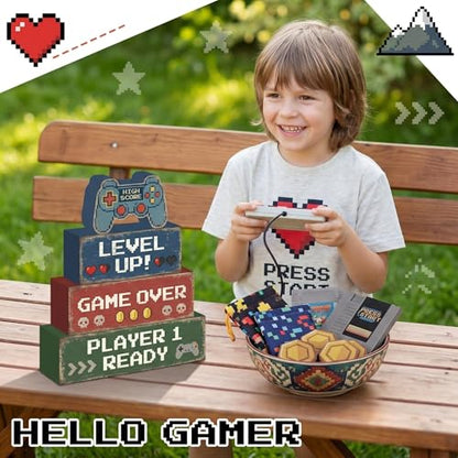 Britimes Tiered Tray Decor Set, 4 Pack, Wooden Table Sign, Video Game - style: Retro Gamer