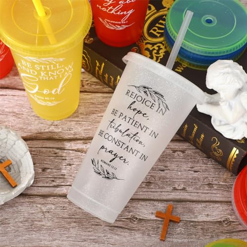 Havawish 12 Christian Tumbler Gift Bulk Religious Inspirational 24 oz Drinking Jesus Cup with Lid Straw Bible Verse Plastic Cup for Grandparents Pastor Clergy Church Sunday School, Colour - color: Colour