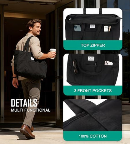 Bagelite Extra Large Canvas Tote Bag for Women Men, Utility Work Bags with Zipper - color: Black