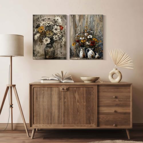 2pcs Framed Rustic Metal Vase Wall Art Canvas Home Vintage Floral Farmhouse Decor Country Style Indoor Kitchen Living Room Bedroom Home Office Dining Ready To Hang 12x16 Inch - color: Vintage Wildflowers, size: 12"x16"