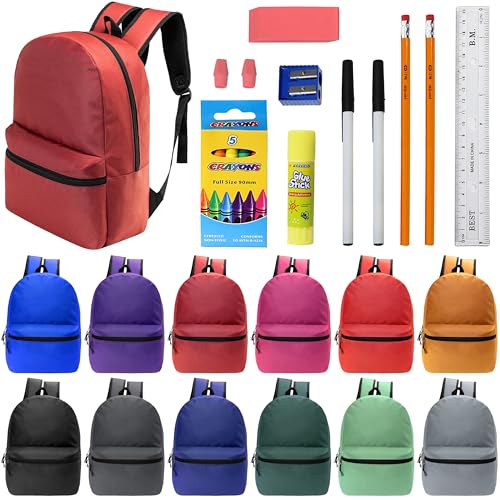 12 Pack 17" Bulk Backpacks with 16 Pc School Supplies Kits, 12 Colors - color: 12 Colors Asst, size: 16 Piece SS Kit