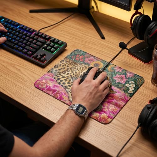 Sleeping Leopard Floral Mouse Pad Maximalist Desk Pad 9.5x7.9 Inch - color: Sleeping Leopard