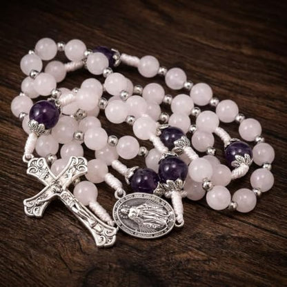 Nazareth Store 8mm White Jade & 10mm Natural Stone Beads Rosary Necklace St. Miraculous Medal & Cross Crucifix Catholic Prayer Beads Religious Jewelry - color: Amethyst
