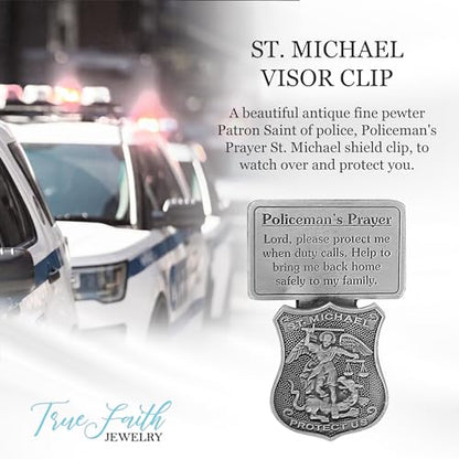 True Faith Jewelry Pewter St Michael Car Visor Clip, Policeman's Prayer Archangel Patron Saint of Police, Law Enforcement Officer Gifts for Men and Women, Fine Pewter (92% Tin), 2-5/8 x 1-1/2 Inch - size: St. Michael