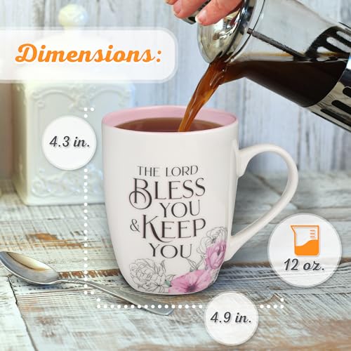 Christian Art Gifts May The Lord Bless You Encouraging Bible Verse Inspirational Ceramic Coffee & Tea Scripture Mug For Women: Microwave & Dishwasher Safe Novelty Drinkware, White/Pink Floral, 12 Oz.