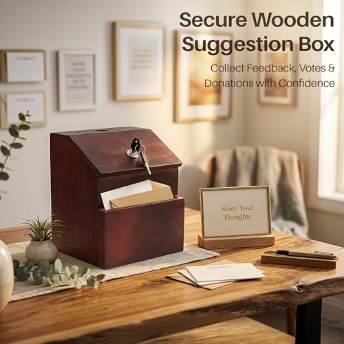 Flexzion Wooden Suggestion Box with Lock and Slot, Lockable Ballot Box
