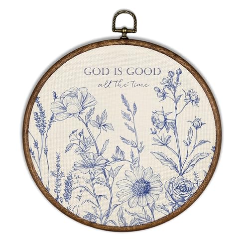 XBBMGG Navy Blue Bible Verses Flowers Wall Art Decor, Faith Boho Christian Round Wall Hanging Decor, God Is Good Botanical Framed Canvas Prints for Living Room Bathroom Decorations, 10x10inch - color: God is good all the time, size: 10"L x 10"W