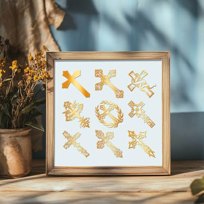 9Pcs Golden Metal Stickers 1.6x1.6inch Gold Cross Stickers Self-Adhesive Scrapbooks Sticker Waterproof Epoxy Decals for Scrapbooks DIY Resin Crafts Phone Water Bottle Decoration - style: cross