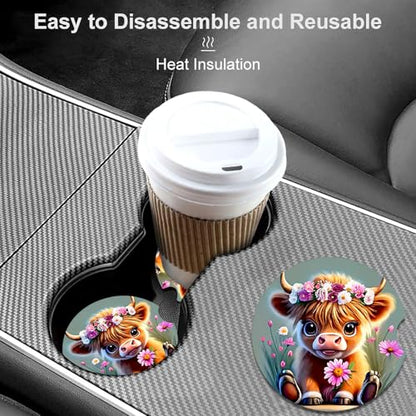 2 Pack Highland Cow Floral Car Cup Holder Coasters Universal Neoprene Mat - color: Cow Baby