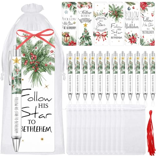 Gersoniel 36pcs/12sets Christian Christmas Gift for Women Bulk Religious Church Party Favor Follow His Star to Bethlehem Bible Verse Bookmark Ballpoint Christian Pen for Woman Xmas Favor - style: Follow His Star to Bethlehem