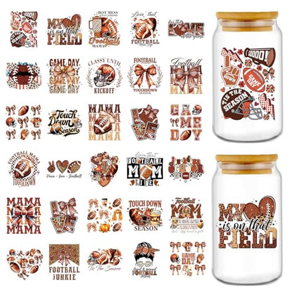 Rngmsi 30 Pcs Football UV DTF Cup Wrap Bow UV DTF Stickers for 16 OZ Glass - style: Football